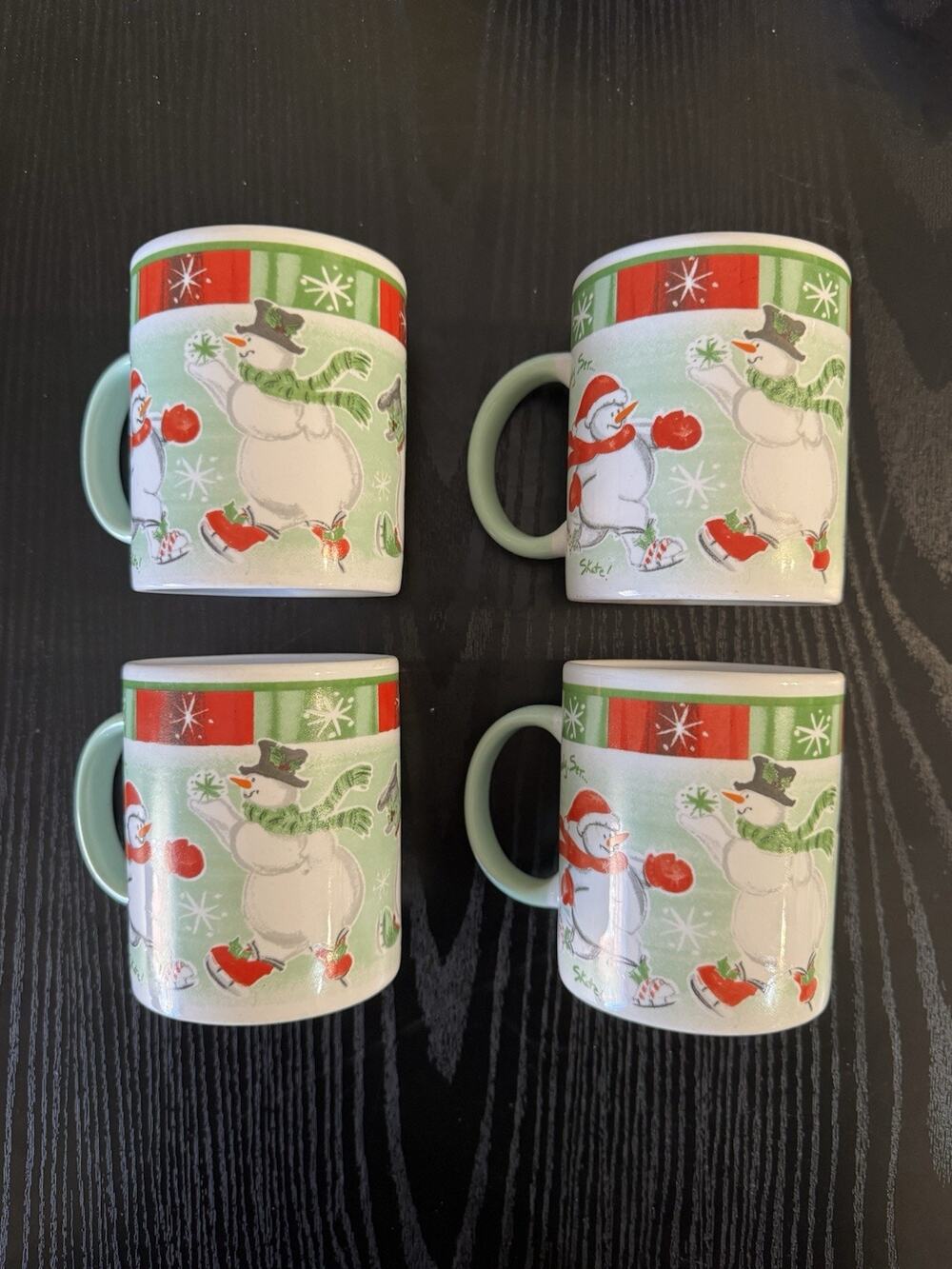 AVON Christmas Snowman Mugs Set of 4 | Holiday Red Green Winter Coffee Cups